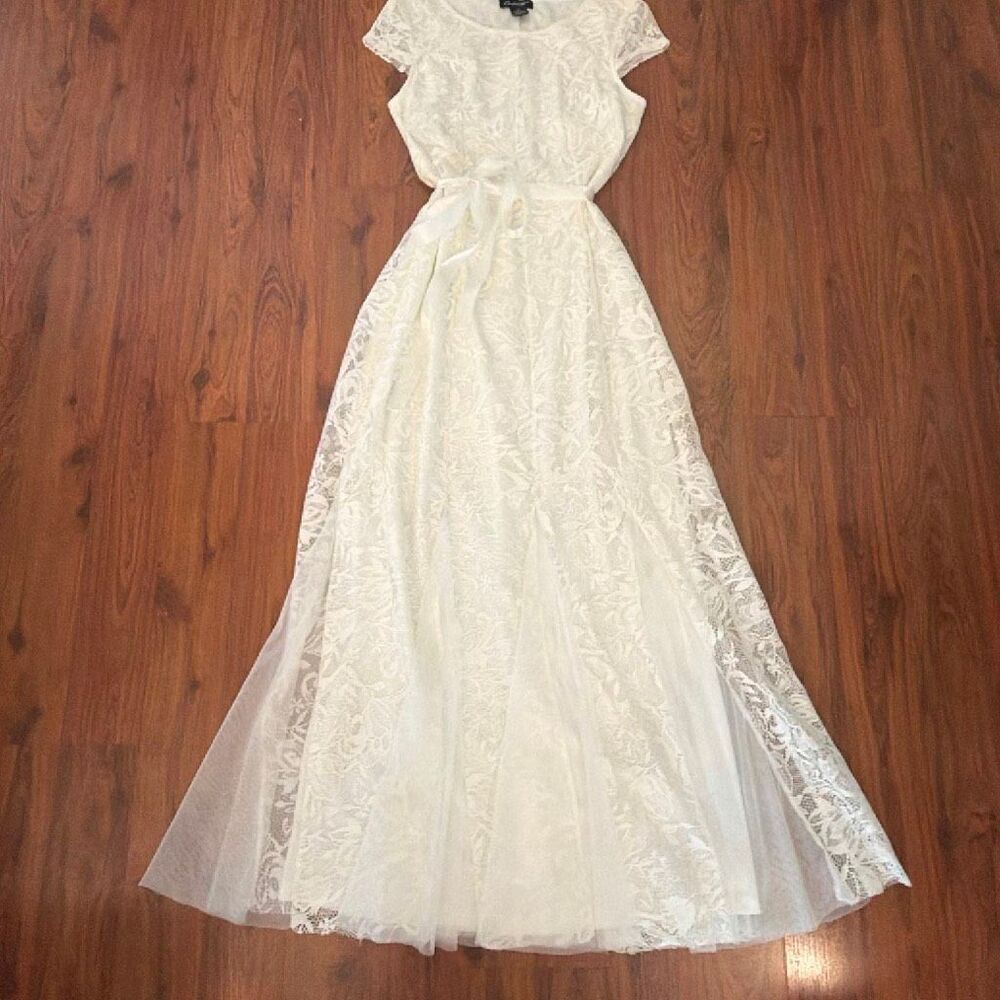 Candalite white lace overlay dress beach wedding simple long cap sleeve scoop ne